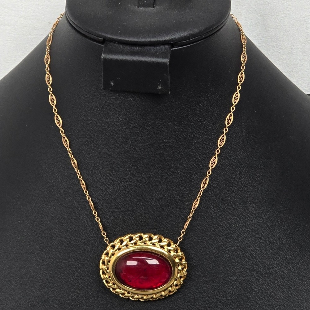Napier Vintage Gold Tone Red Cabochon Brooch & 14k Gold Filled Filigree Necklace